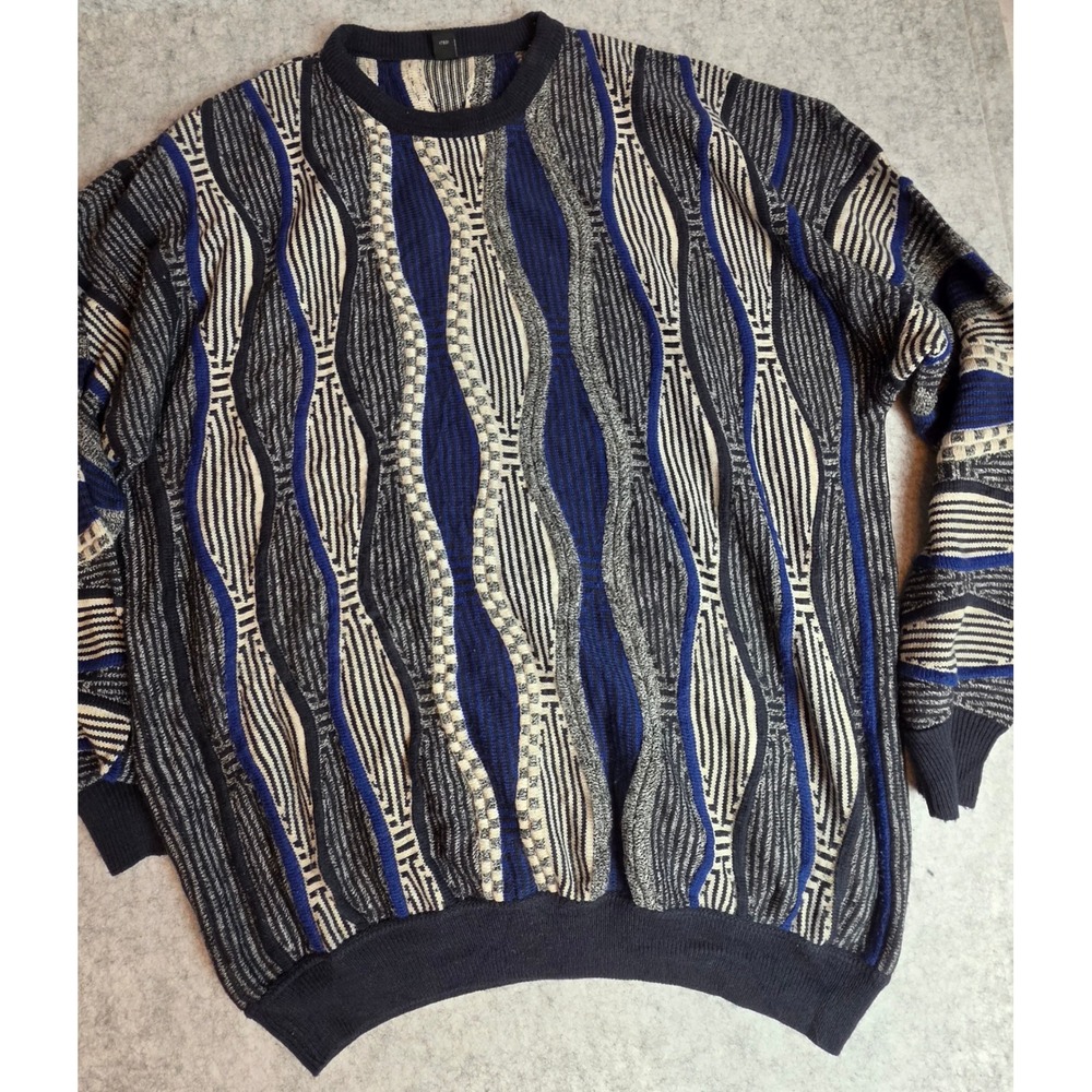 Vintage 90s 3D Textured Knit Sweater Wavy Stripe Coogi Style Blue Gray XL/2XL